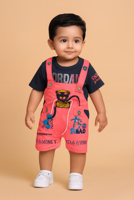 STH FASHION Baby Boys & Baby Girls Party(Festive) T-shirt Dungaree(Pink)