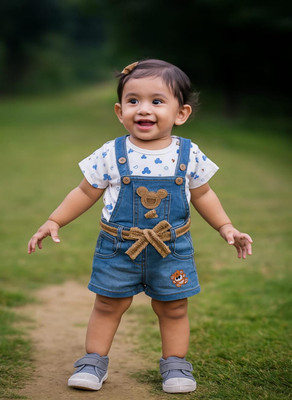 Buble Duble Dungaree For Baby Girls Party Graphic Print Cotton Blend, Denim(Blue, Pack of 1)