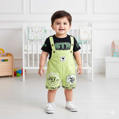 sandrfashion Dungaree For Baby Boys & Baby Girls Casual Printed Cotton Blend(Green, Pack of 1)