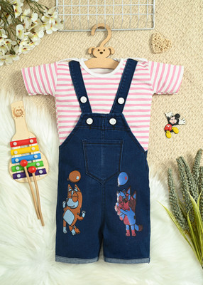 DUNGAREES Dungaree For Baby Boys & Baby Girls Party Printed Denim(Blue, Pack of 1)