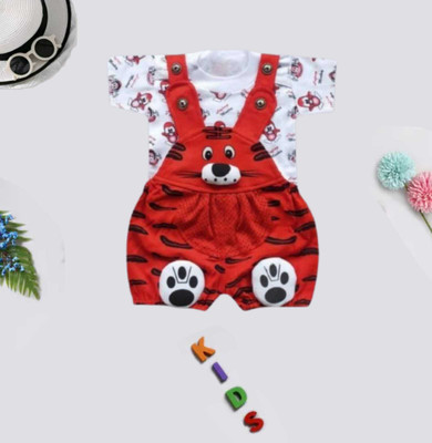 Tintin Dungaree For Baby Boys & Baby Girls Casual Animal Print, Printed Cotton Blend, Polycotton, Pure Cotton(Red, Pack of 1)
