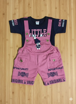 kidfashion Dungaree For Baby Boys & Baby Girls Printed Cotton Blend(Pink, Pack of 1)