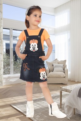 Mynxe Dungaree For Girls Casual Printed Denim, Pure Cotton(Orange, Pack of 1)