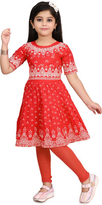 HouseOfCommon Girls Festive & Party Kurti and Legging Set(Red Pack of 1)