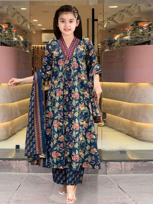 A To Z Cart Girls Festive & Party Kurta, Pyjama & Dupatta Set(Dark Blue Pack of 1)