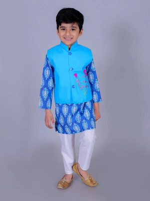 FabJunior Boys Festive & Party Kurta, Waistcoat and Pyjama Set(Blue Pack of 1)