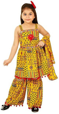 JMD Creation Girls Festive & Party, Wedding Kurta and Palazzo Set(Yellow Pack of 1)