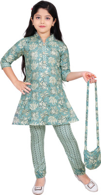 garmentsifsa Girls Casual Kurta and Pyjama Set(Light Green Pack of 1)