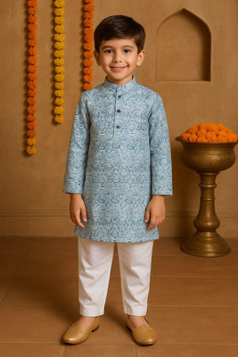 Qitty Boys Festive & Party Kurta and Pyjama Set(Blue Pack of 1)