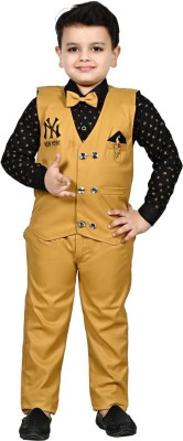 vkreation Boys Festive & Party Shirt, Waistcoat and Pant Set(Yellow Pack of 1)