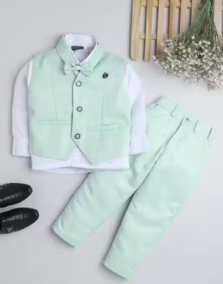 vayu collection Boys Festive & Party Shirt, Waistcoat and Pant Set(Light Green Pack of 1)