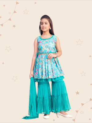Kidotsav Girls Festive & Party Kurta and Sharara Set(Light Green Pack of 1)