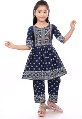 Fashion Hub WB Girls Festive & Party Kurta and Palazzo Set(Dark Blue Pack of 1)