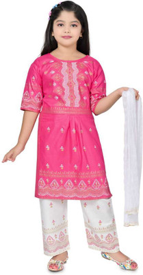 AROBI CREATION Girls Festive & Party Kurta, Pyjama & Dupatta Set(Pink Pack of 1)
