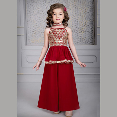 Dhvra Fashion Girls Wedding Kurta and Palazzo Set(Red Pack of 1)