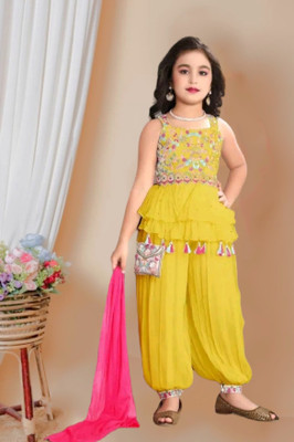 SUNCITY FASHION MART Girls Festive & Party Kurta and Palazzo Set(Yellow Pack of 1)
