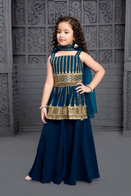 Tulsi Creation Girls Wedding Kurta and Palazzo Set(Blue Pack of 3)