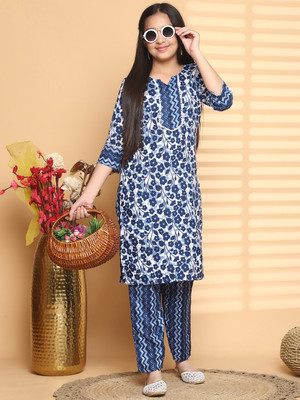 Various Vault Girls Festive & Party Kurta and Pyjama Set(Blue Pack of 1)