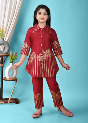 FSNHVN Girls Festive & Party Kurta and Pyjama Set(Red Pack of 1)