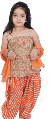 Gianna Girls Festive & Party Kurta, Dhoti Pant & Dupatta Set(Orange Pack of 1)