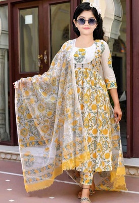 Mitukart Girls Casual Churidar and Dupatta Set(Yellow Pack of 1)