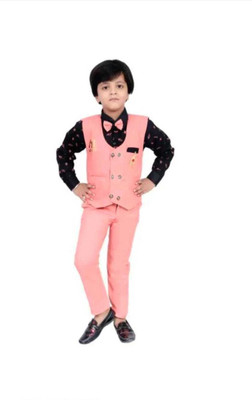 Fashionhub Boys Festive & Party Shirt, Waistcoat and Pant Set(Pink Pack of 1)