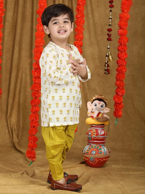 POLKA TOTS Boys Festive & Party Dhoti & Kurta Set(Yellow Pack of 1)