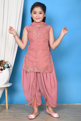 PADOSIBABU Girls Festive & Party Kurta, Dhoti Pant & Dupatta Set(Orange Pack of 1)