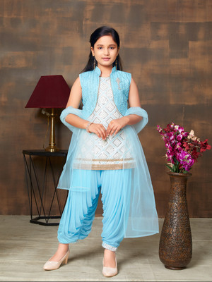 Aarika Girls Festive & Party Kurta and Patiala Set(Light Blue Pack of 1)