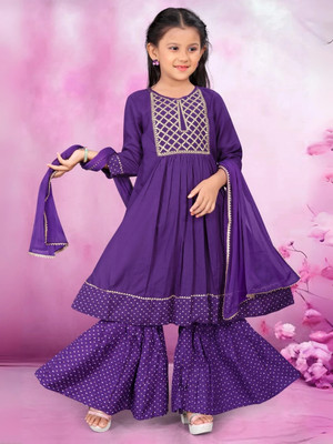 NAVLIK Girls Festive & Party Angarkha and Sharara Set(Purple Pack of 1)