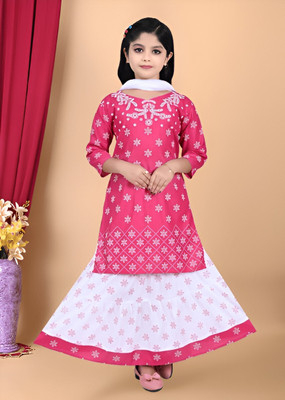ejarul Girls Casual Kurta and Skirt Set(Pink Pack of 1)