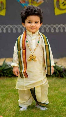 New Ekta Dresses Boys Festive & Party Kurta, Dhoti Pant & Dupatta Set(Gold Pack of 1)