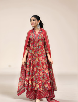 Aarya Designer Girls Festive & Party Kurta, Pyjama & Dupatta Set(Red Pack of 1)