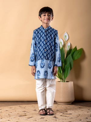 Readiprint Boys Festive & Party Kurta, Waistcoat and Pyjama Set(Blue Pack of 1)