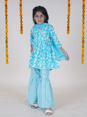 KiddoPanti Girls Festive & Party Kurta and Sharara Set(Light Blue Pack of 1)