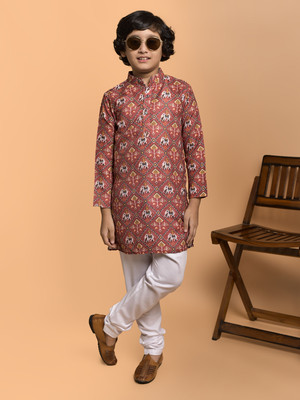 PRINTCULTR Boys Festive & Party Kurta and Pyjama Set(Maroon Pack of 2)