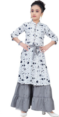 simran Girls Festive & Party Kurta and Palazzo Set(Grey Pack of 1)