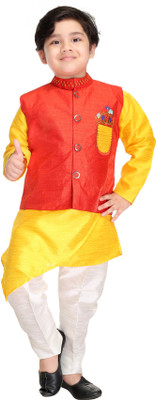 Smuktar garments Boys Festive & Party Kurta, Waistcoat and Pyjama Set(Red Pack of 1)
