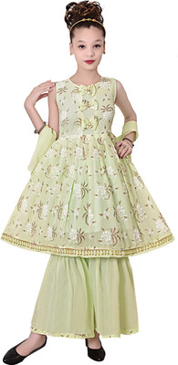 AYUB FASHIONN Girls Festive & Party Kurta, Pyjama & Dupatta Set(Light Green Pack of 1)