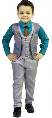 Go Berry Boys Festive & Party Shirt, Waistcoat and Pant Set(Green Pack of 1)