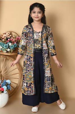 JG JHILIK GARMENTS Girls Festive & Party Ethnic Jacket, Kurta and Palazzo Set(Dark Blue Pack of 1)
