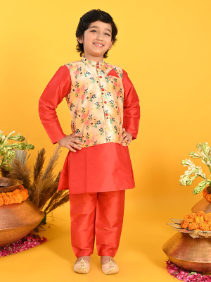 Saka Designs Boys Festive & Party Kurta, Waistcoat and Pyjama Set(Yellow Pack of 1)