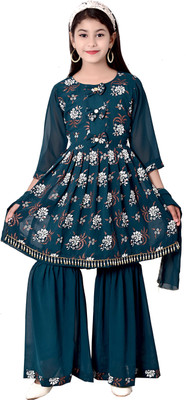 AYUB FASHIONN Girls Festive & Party Kurta, Pyjama & Dupatta Set(Green Pack of 1)