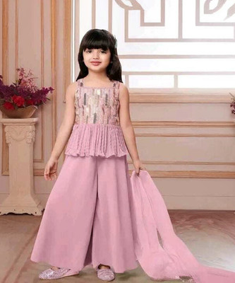 MD Enterprise Girls Wedding Kurta and Palazzo Set(Pink Pack of 1)
