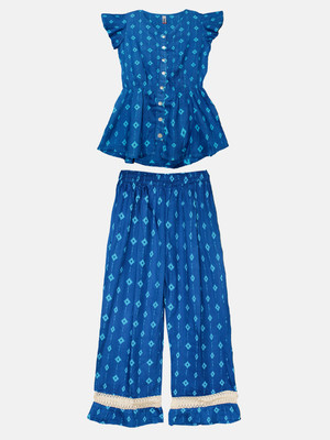 KiddoPanti Girls Festive & Party Kurta and Palazzo Set(Dark Blue Pack of 1)