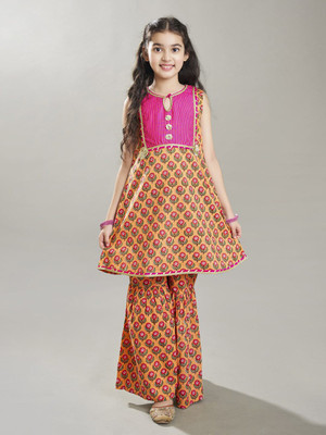 Bitiya By Bhama Girls Festive & Party Kurta and Sharara Set(Beige Pack of 2)