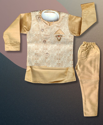 Qutie Ninja Baby Boys Wedding Kurta, Waistcoat and Pyjama Set(Beige Pack of 1)
