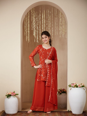 Curly Tales Girls Festive & Party Kurta and Dupatta Set(Orange Pack of 1)