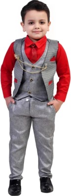 Go Berry Boys Festive & Party Shirt, Waistcoat and Pant Set(Red Pack of 1)