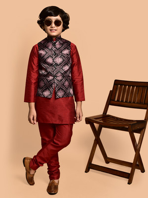 PRINTCULTR Boys Festive & Party Kurta, Waistcoat and Pyjama Set(Red Pack of 3)